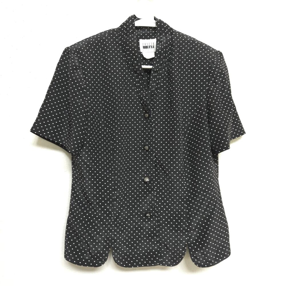 Vintage 90s Blouse Leslie Fay S / M Petite Black White Polka Dot Short Sleeve